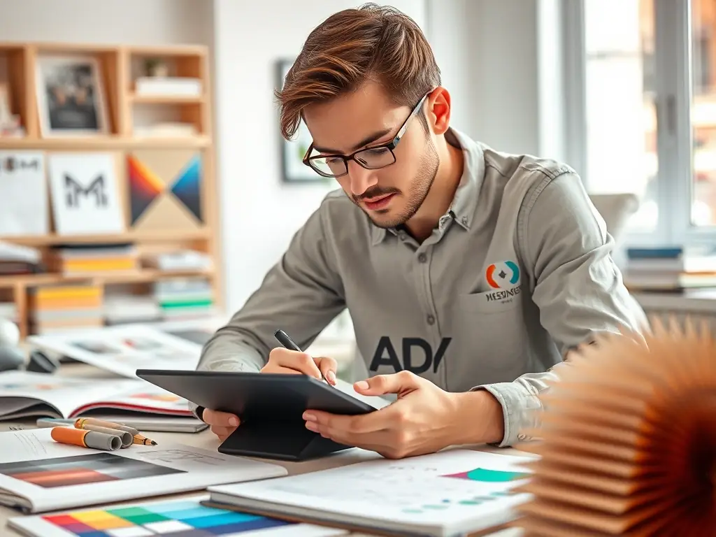 A designer sketching initial concepts for a custom logo on a digital tablet, surrounded by design books and color swatches, illustrating the initial design phase at RitaVisuals.