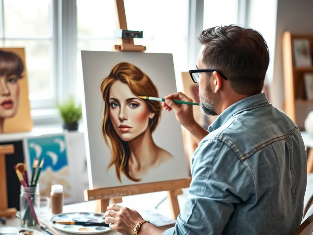 A skilled artist hand-painting a custom portrait on canvas in a well-lit studio, showcasing the meticulous craftsmanship and attention to detail at RitaVisuals.